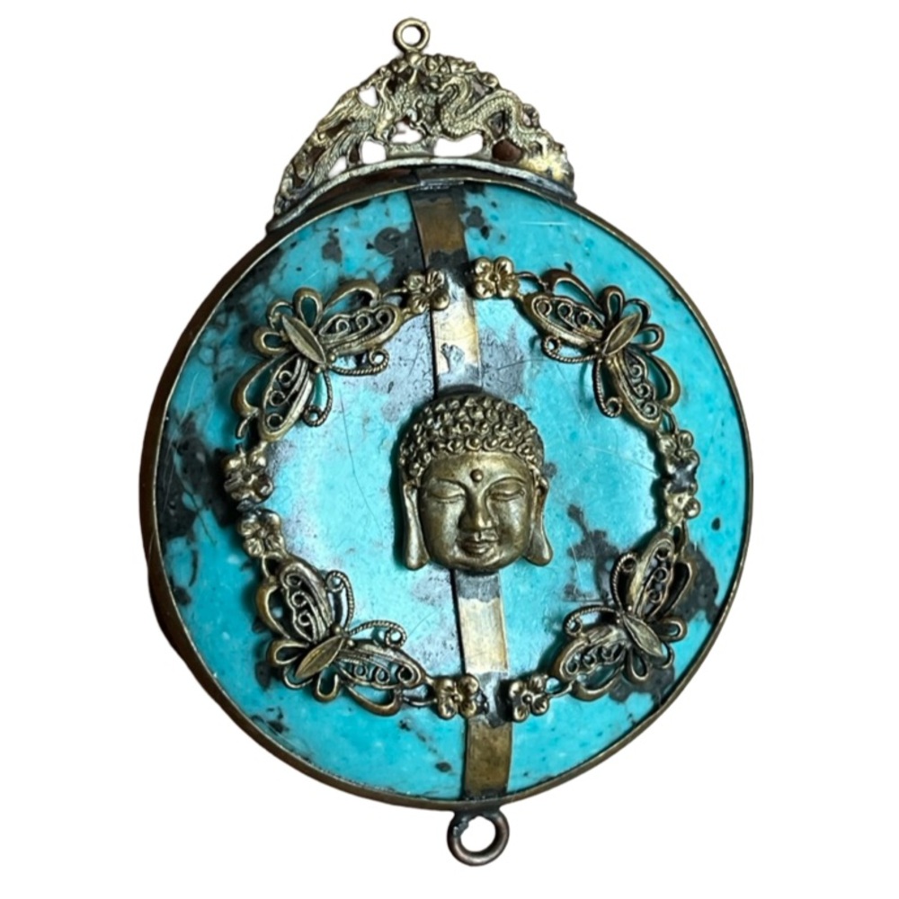 Rare Turquoise Pendant with Buddha and Butterfly Accents - Picture 3 of 6